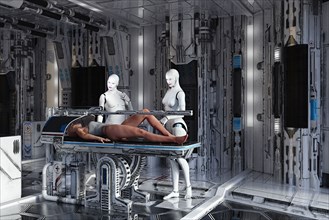 White female cyborg examining woman on table