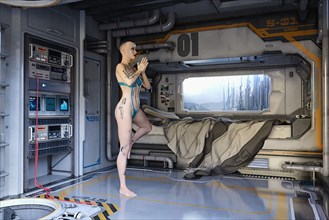 Female cyborg practicing yoga in futuristic bedroom