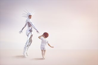 Female cyborg reaching for hand of boy