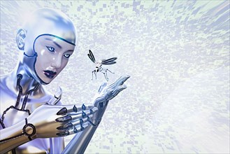 Female cyborg watching flying robot insect