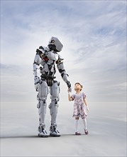 Cyborg holding hands with girl