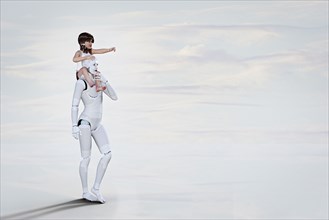 White female cyborg carrying girl on shoulders