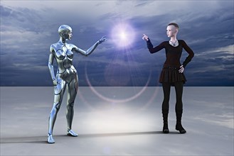Silver female cyborg and woman pointing at glowing light