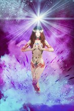 Naked woman with tattoos standing in purple and blue glowing sky