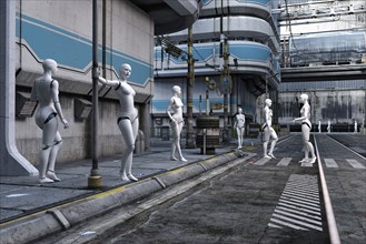 Women robots in futuristic city