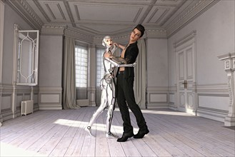 Man dancing with woman robot