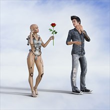 Woman robot offering rose to man