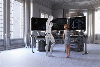 Woman robot and girl standing near computers