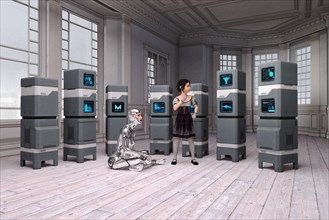 Woman robot and girl near vintage computers