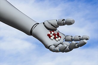Pharmaceutical pills in hand of robot