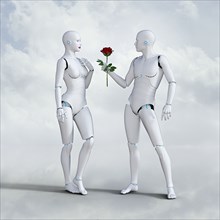 Man robot offering rose to woman robot