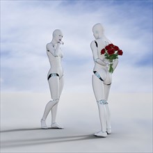 Man robot surprising woman root with bouquet of roses