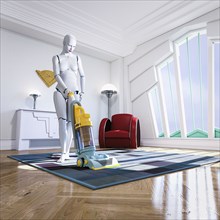 Woman robot vacuuming rug
