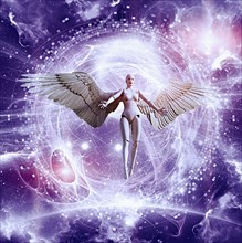 Woman robot with angel wings flying in purple sky