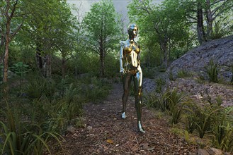 Woman robot walking on path in forest