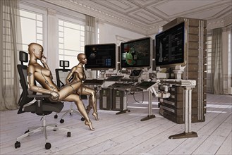 Woman robots watching computer monitors