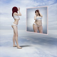 Skinny woman viewing overweight reflection in floating mirror