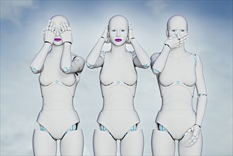 Woman robots covering eyes