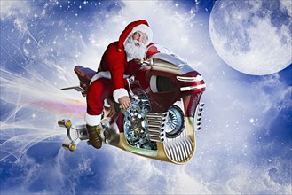 Santa flying in sky on futuristic motorcycle