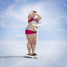 Frustrated woman checking weight on scale