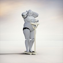 Frustrated robot woman checking weight on scale