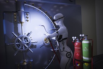 Robot woman using blowtorch on vault door