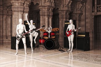 Robot women playing rock & roll music