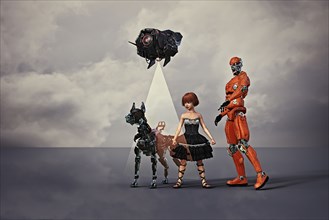 Robot man and dog with drone protecting girl