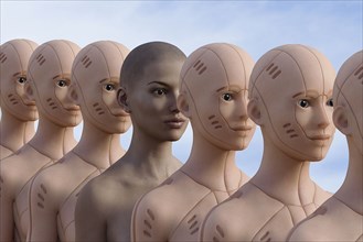 Woman standing in row of robots