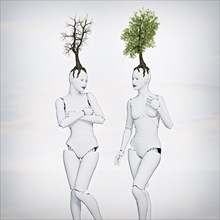 Trees growing on heads of robot women