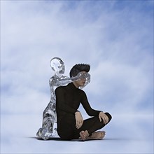 Robot woman covering eyes of sitting man