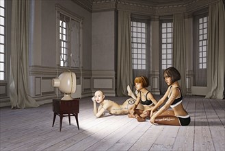 Robot woman and girls laying on floor watching television