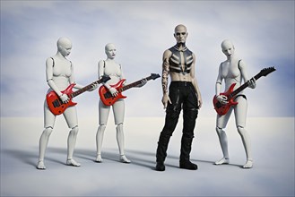 Robot women playing guitar near man with tattoos