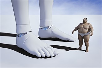 Sumo wrestler looking up at enormous robot
