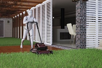 Robot man mowing grass with lawnmower