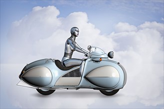 Robot woman riding futuristic motorcycle