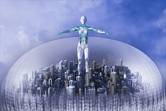 Robot woman standing in city in sphere