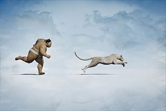Sumo wrestler chasing cheetah