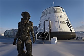Explorer wearing space suit near spaceship