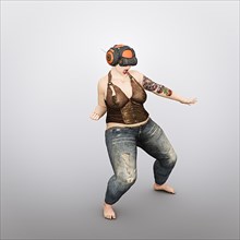 Overweight woman using virtual reality helmet