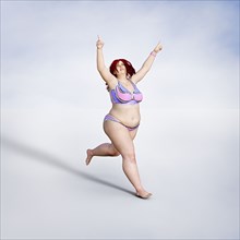 Overweight woman running in bikini