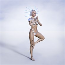 Cyborg woman performing yoga