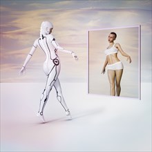 Cyborg and reflection of woman in virtual mirror