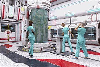 Futuristic women examining alien in laboratory