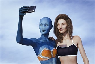 Woman and alien posing for cell phone selfie