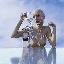 Cyborg woman balancing chess pieces