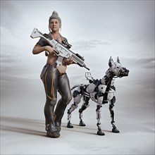 Futuristic woman carrying rifle with a robot dog