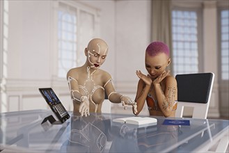 Cyborg woman teaching girl with book
