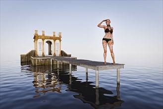 Cyborg woman searching on pier in ocean