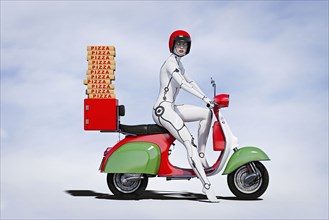 Cyborg woman delivering pizza on motor scooter